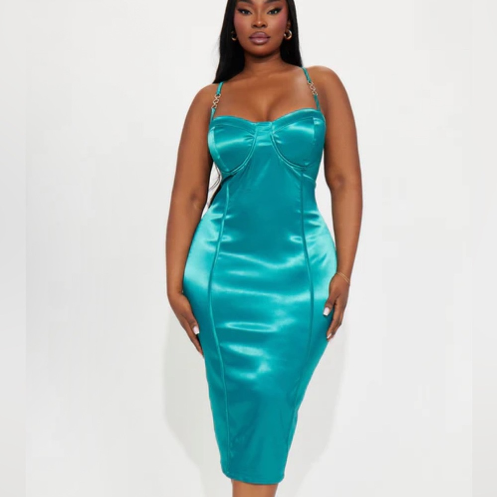 🆕 NWT Fashion Nova Midi Elegant Teal Satin Slip Dress Size Large